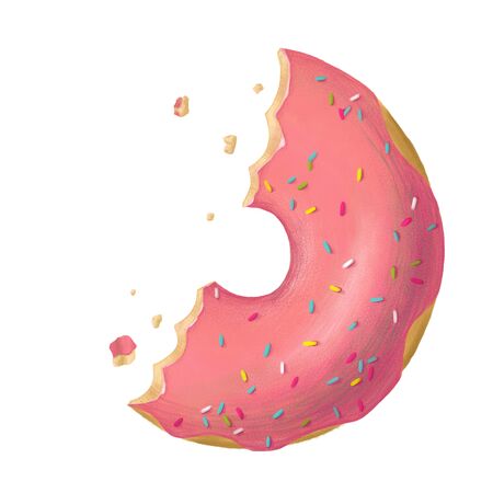 Digital illustration. Donut isolated on tte white background. Cute donut with pink glaze and decorative sprinkles. Bitten.の写真素材
