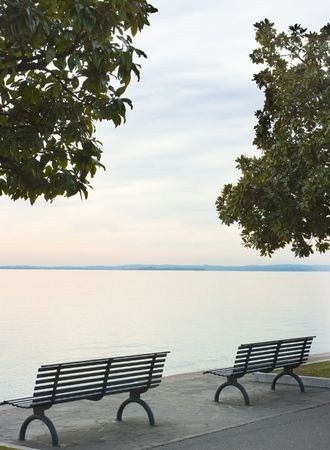 Pair of bences under magnolia trees against calm lake Garda in the cloudy eveningの写真素材
