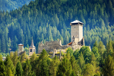 Castle San Michele of Ossana in coniferous forest of Val di Soleのeditorial素材