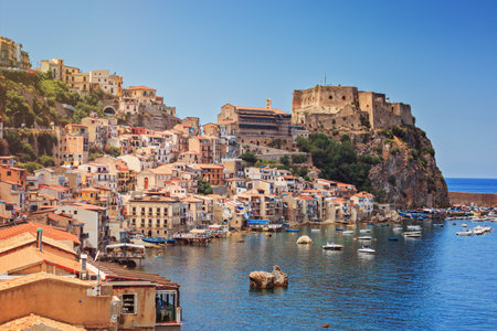 Scilla castle Ruffo, and harbor with fishing boats in Calabria, southern Italy. のeditorial素材
