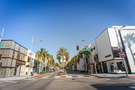 Beverly Hills, CA - Jul 29, 2018: Intersection of Rodeo Drive and Brighton Way with luxury fashion shops in Beverly Hills, Los Angeles, Californiaのeditorial素材