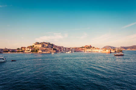 Panoramic view on Portoferraio ancient fortification in golden light on island Elba in Tuscany, Italyの写真素材