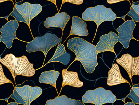Ginkgo biloba abstract top view in blue golden colors, line design. AI generatedの素材