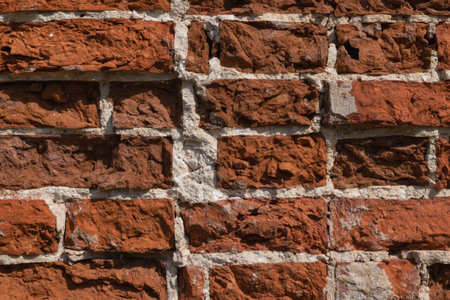 Brick background. Old red brick wall. Architectural elements. Horizontal photo. Close-up.の写真素材