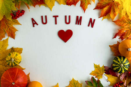 On a white background red heart and red letters the word autumn. Layout on a white background from autumn leaves and decorative pumpkins.の写真素材