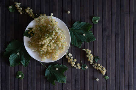 White currants on a porcelain plate on a dark wooden background. Horizontal photo.の写真素材