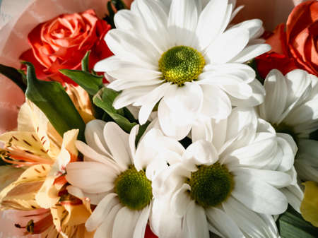 Bouquet of beautiful flowers. Bright greeting card. natural flower background. horizontal photo.の写真素材