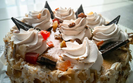 Biscuit cake with cream and caramel.の写真素材