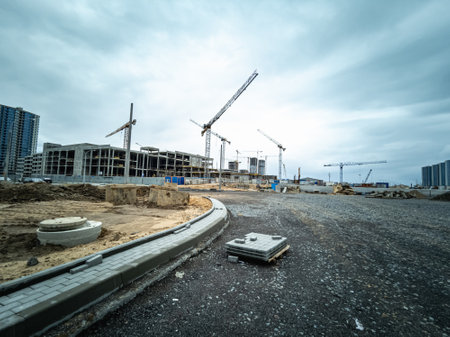 Minsk, Belarus - May 2022: construction of a large shopping center in a new microdistrict.