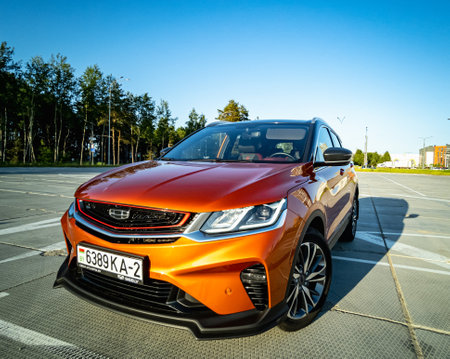 Minsk, Belarus - June 2022: Orange Geely Coolray car.のeditorial素材