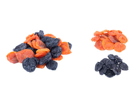 prunes, dried apricots isolated on white backgroundの写真素材