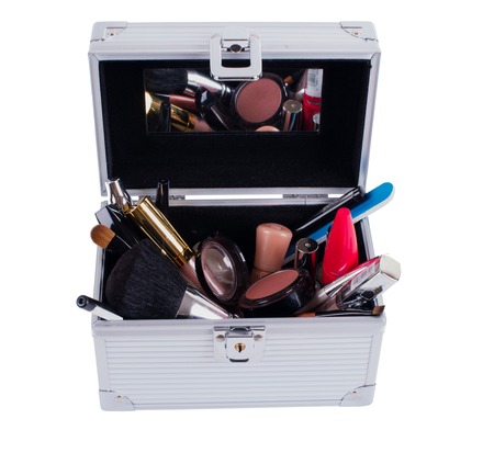 Decorative cosmetics in makeup box isolated on white backgroung.の写真素材
