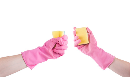 hand in pink rubber glove with sponge isolated on whiteの写真素材