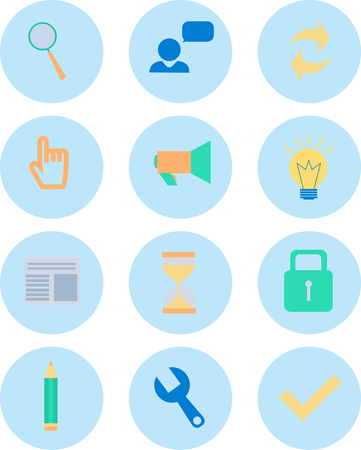 Modern flat icons vector collection in stylish colors of web design objects, business, finances, office and marketing items. Isolated on white background.のイラスト素材
