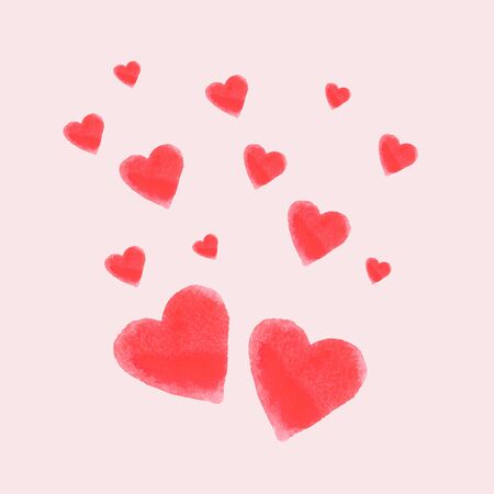 Set of watercolor hearts on a pink background.