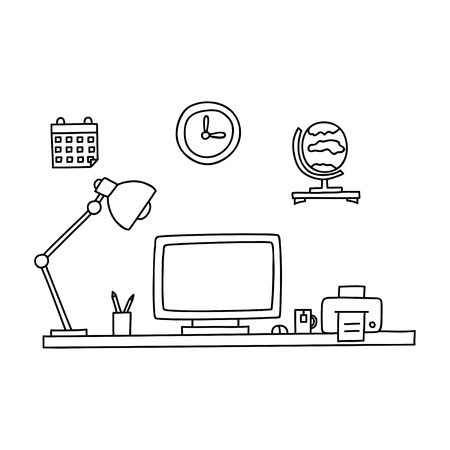 Desk with a computer or workplace in office drawn by hand doodle style. Vector illustration.のイラスト素材