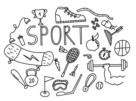Hand drawn vector illustration set of fitness and sport doodles sign .のイラスト素材