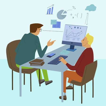 Business people discuss, colleagues sitting at desk and working at computers in office. Flat design vector illustrationのイラスト素材
