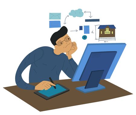 Young man working in the office, creates a building project on the computer, workplace. Flat vector illustrationのイラスト素材
