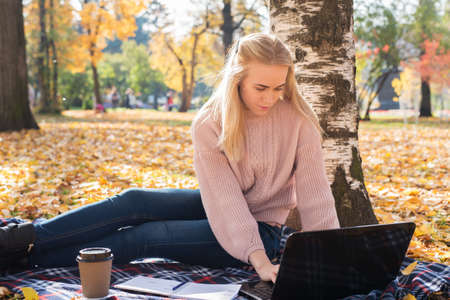A young woman works in a park, typing on a laptop.の写真素材