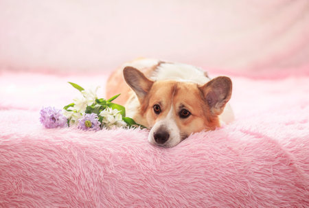 portrait of a cute corgi dog with big ears lying on a pink blanket with a bouquet of flowersの写真素材