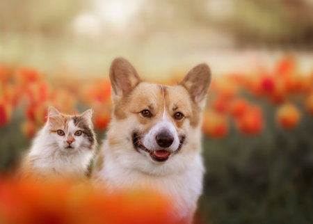 fluffy friends cat and dog corgi are sitting on a flower bed with bright flowers tulipsの写真素材