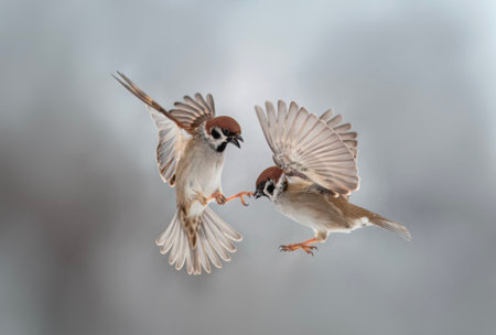 two small sparrow birds flap their wings and feathers and fight in flight in the new year's snow gardenの写真素材
