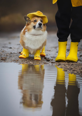 cute corgi dog in yellow beret and rubber boots walks among puddles on autumn roads with the ownerの写真素材