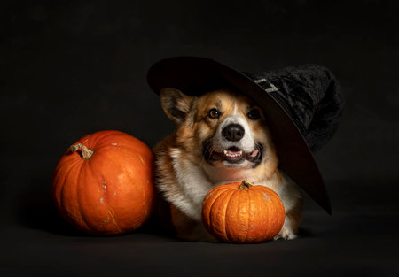 cheerful and funny corgi dog puppy in a Halloween hat is sitting in the studio on a black canvas background among pumpkinsの写真素材