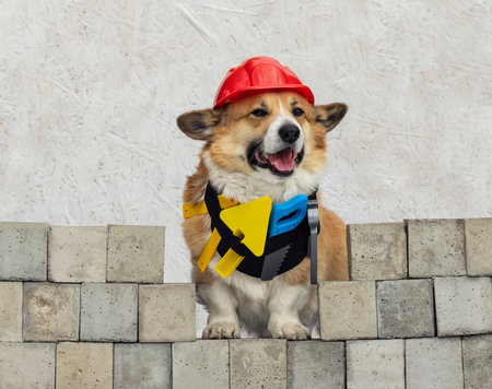 cute working dog corgi in a construction helmet and with a set of tools sits on a background of bricks and smilesの写真素材