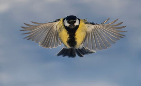 a tit bird flies spreading its feathers and wings against a blue skyの写真素材