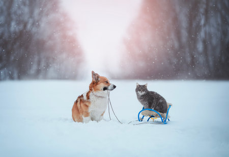 funny Christmas card with a corgi dog pulling a sleigh with a cat in a winter snowy New Year's parkの写真素材