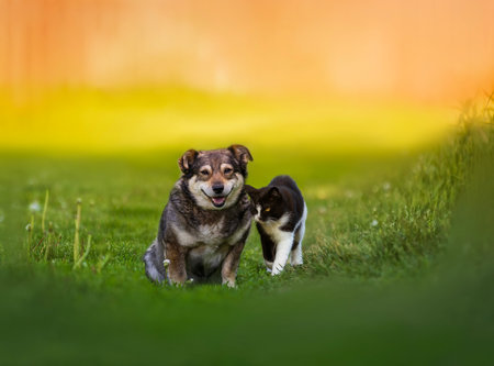 animal couple cat and dog sitting together on a summer sunny green meadowの写真素材