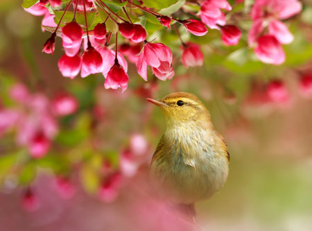 cute little bird sits among the pink flowers of the apple tree in the spring sunny gardenの写真素材