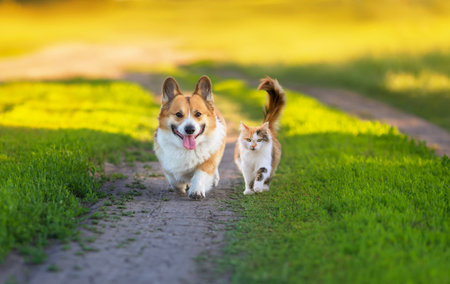 fluffy friends cat and corgi dog walk along the green grass on the summer pathの写真素材