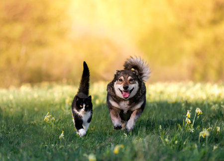 cute furry friends dog and cat running together through a green meadow on a sunny spring day