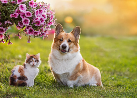 couple of furry friends kitten and corgi dog sitting in sunny blooming garden in springの写真素材