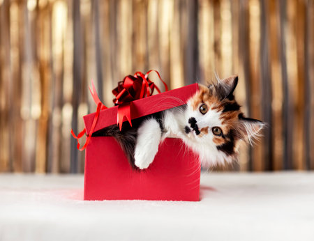 cute little peeking out of red gift box with bow on festive glittery backgroundの写真素材