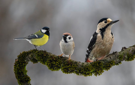 three different birds sparrow, woodpecker and tit sitting on a beautiful branch with moss in the gardenの写真素材