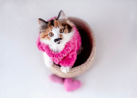 top view of cute fluffy kitten in pink soft sweater lying in wicker basket on white background