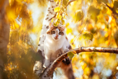 beautiful tricolor cat sitting on a birch tree with golden foliage in an autumn sunny parkの写真素材