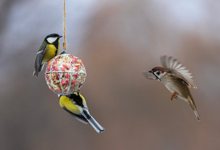 hungry birds tits and sparrow spread their wings fly and eat seeds and nuts from a bird feeder in the gardenの写真素材