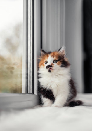 fluffy cute little tricolor kitten sitting on windowsill and curiously looking out windowの写真素材