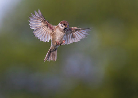 bird chick sparrow flying in garden spread wings and feathers on green backgroundの写真素材