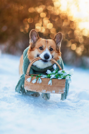 cute corgi dog carrying basket of snowdrops through snowdrifts on sunny eveningの写真素材