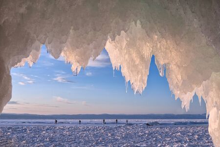 the view from the ice grotto, the people on the ice of lake Baikalの写真素材