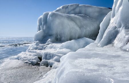 the big ice block and the ice surface on lake Baikalの写真素材