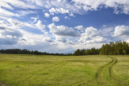 clouds over green meadow and country roadの写真素材