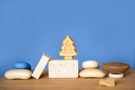 solid soap in the shape of a Christmas tree, a variety of soaps.の写真素材
