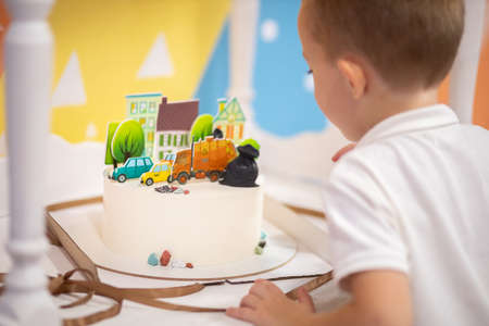 birthday cake, view from the back of the birthday boy 4 years old, the decor of the city and the...